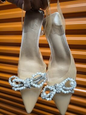 Nude Pointed Toe Slingback Heels with Pearl-Crystal Bows